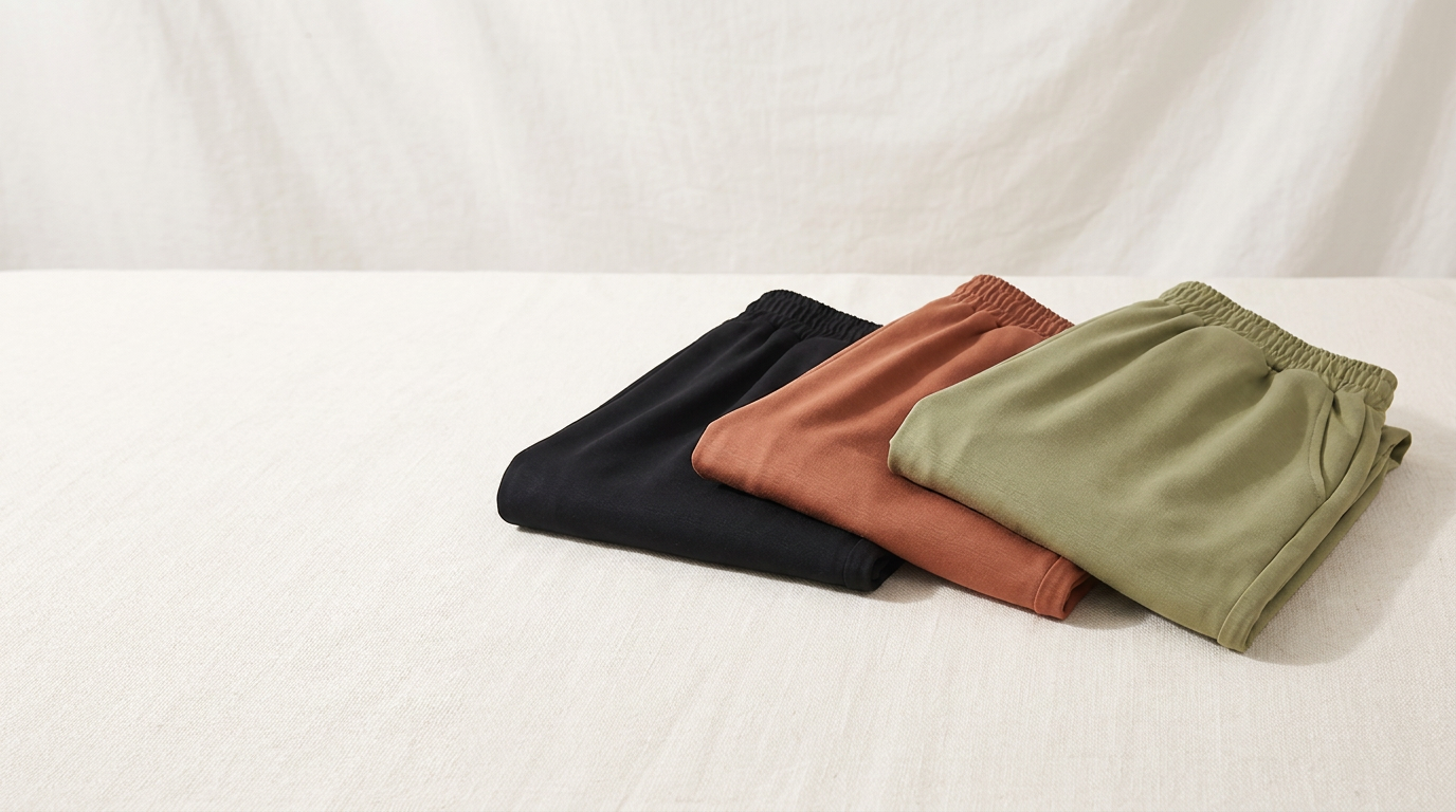 Thighrise hero banner — three folded wide-leg pants